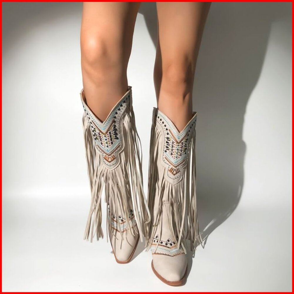 Western Cowgirl Boots Fringed Tassel Embroidered Block Heel Mid Calf - Picture 4 of 7